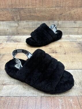 UGG Fluff Yeah Slide Slippers Womens Size 9 40 Black Shearling Logo Shoes